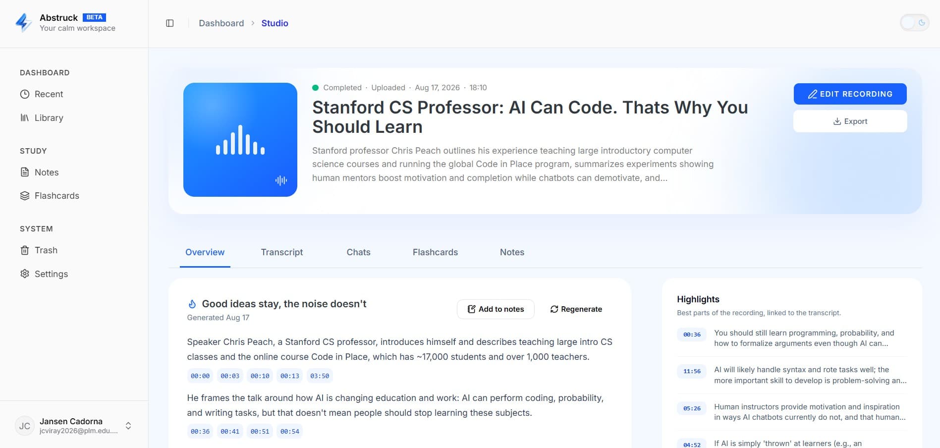 Abstruck workspace showing AI-generated lecture summary, synchronized transcript, notes, and study flashcards